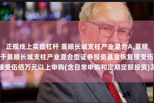 正规线上实盘杠杆 景顺长城支柱产业混合A,景顺长城支柱产业混合C: 关于景顺长城支柱产业混合型证券投资基金恢复接受伍佰万元以上申购(含日常申购和定期定额投资)及转换转入业务的公告